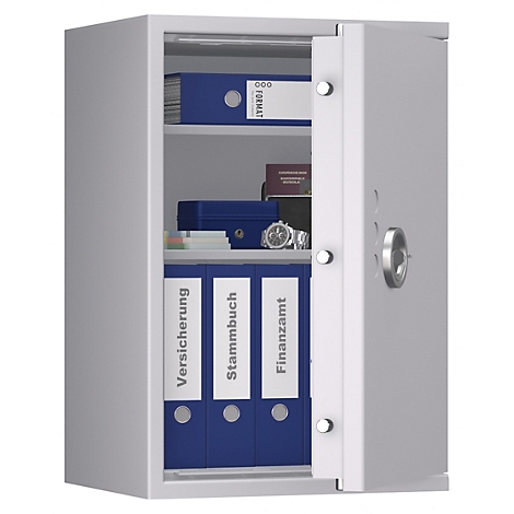 Grauer Tresor, halb geöffnet. Im Inneren blaue Ordner, Papiere und eine Armbanduhr.