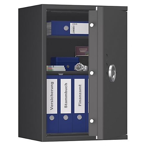 Ein geöffneter, grauer Tresor mit blauen Ordnern und Unterlagen. Beschriftungen: Versicherung, Stammbuch, Finanzamt.