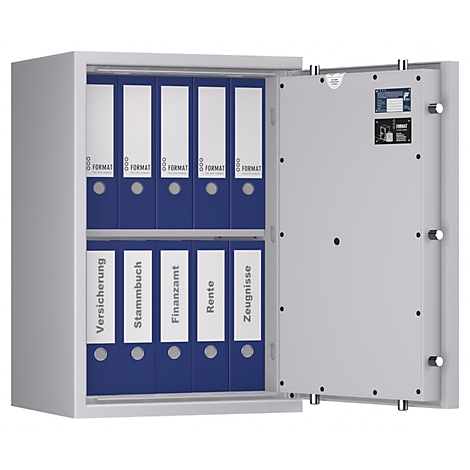 Ein geöffneter Tresor mit blauen Ordnern. Auf den Ordnern stehen Begriffe wie 'Versicherung' und 'Finanzamt'.