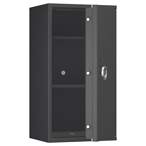 Dunkelgrauer Stahlschrank mit offener Tür. Innen zwei Regalböden. Silberner Drehgriff und Scharniere.