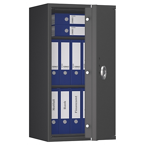 Grauer Tresor mit geöffneter Tür. Blaue Ordner mit weißen Beschriftungen sind im Inneren sichtbar.