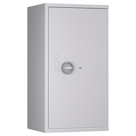 Grauer Tresor vor weißem Hintergrund. Runde Knöpfe und ein Drehgriff sind auf der Tür zu sehen.