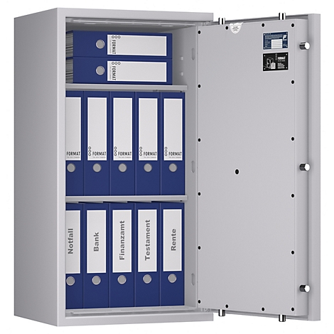 Ein offener, grauer Tresor mit blauen Ordnern. Einige Ordner haben weiße Beschriftungen, darunter "Notfall" und "Finanzamt".