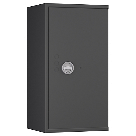 Grauer Tresor, leicht perspektivisch, mit silbernem Drehknopf und drei Knöpfen.