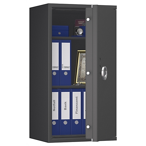 Grauer Tresor mit offener Tür. Innen: Blaue Ordner, Schmuckkästchen, Zertifikat. Griff silbern.