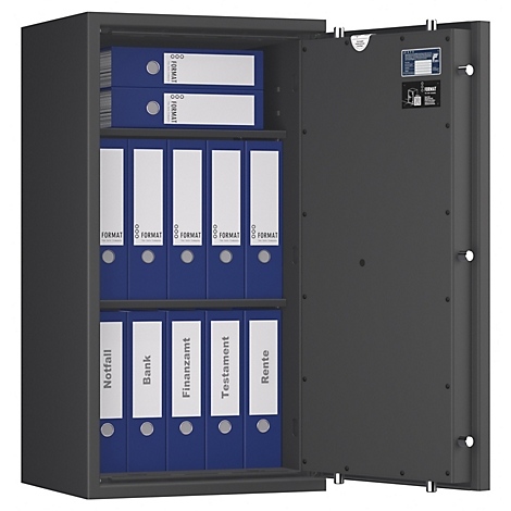 Ein geöffneter Tresor mit blauen Ordnern. Auf den Ordnern stehen Begriffe wie Notfall, Bank, Finanzamt.