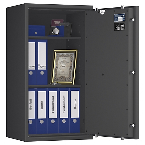 Grauer Tresor, geöffnet. In den Fächern Ordner, Schmuck, Zertifikat, Schlüssel. Auf den Ordnern stehen: Notfall, Bank, Finanzamt, Testament, Rente.