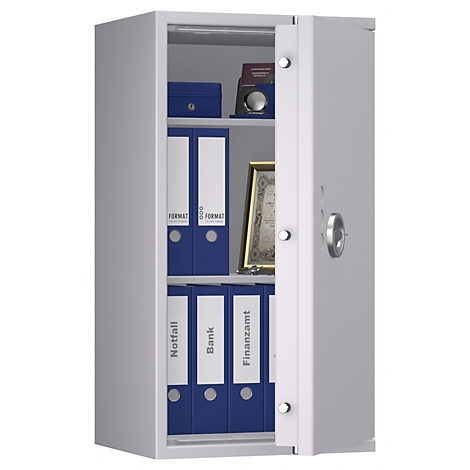 Grauer Tresor mit geöffneter Tür. Blaue Ordner, Dokumente und ein Zertifikat sind zu sehen.