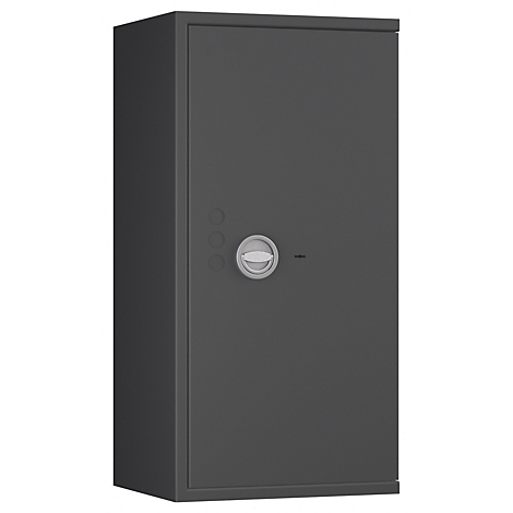 Grauer Tresor vor weißem Hintergrund. Runde Knöpfe und ein Drehverschluss auf der Tür.