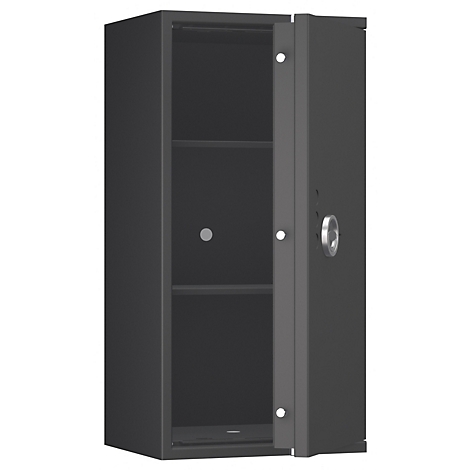 Ein schwarzer Stahlschrank, dessen Tür geöffnet ist und Einblick in die Regale gewährt.