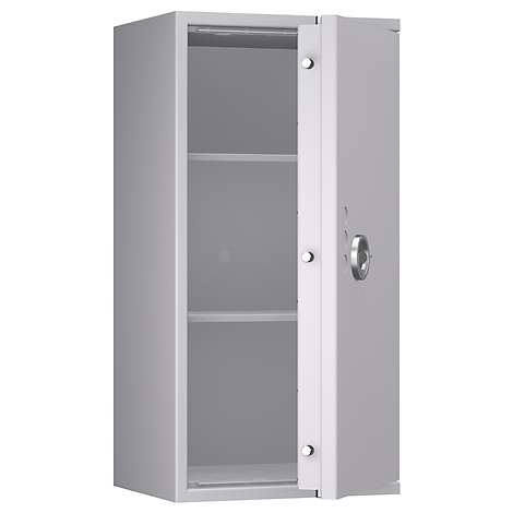 Grauer Wandschrank mit geöffneter Tür. Innen zwei Einlegeböden. An der Tür ein silberner Griff.