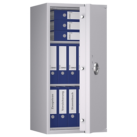 Grauer Tresor, halb geöffnet, mit blauen Aktenordnern. Beschriftungen: Zeugnisse, Versicherung, Stammbuch.