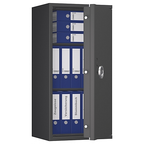 Grauer Tresor mit geöffneter Tür, gefüllt mit blauen Ordnern. Auf den Ordnern stehen die Begriffe Zeugnisse, Versicherung, und Stammbuch.