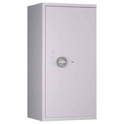 Grauer Tresor vor weißem Hintergrund, mit rundem Schloss und drei Knöpfen.