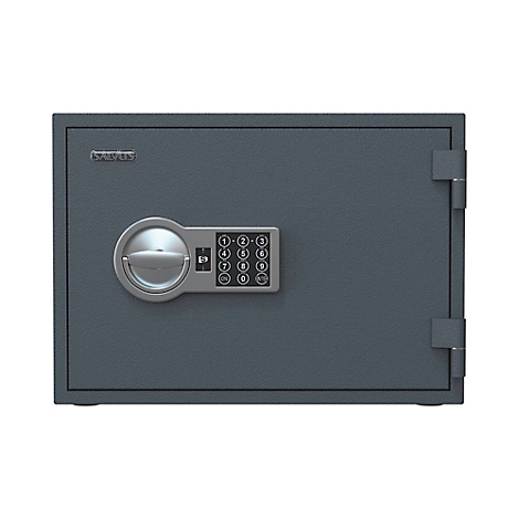 Ein grauer Tresor mit elektronischem Tastenfeld und Drehgriff vor weissem Hintergrund.