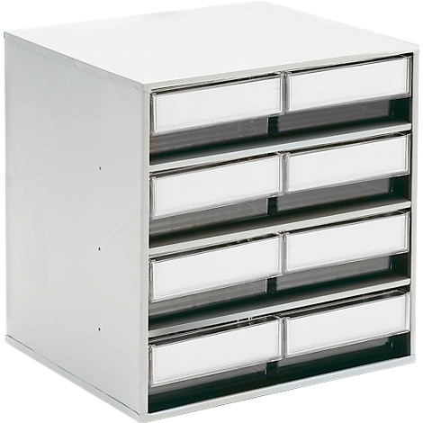 Gray storage tower with eight drawers, each with a white name tag.