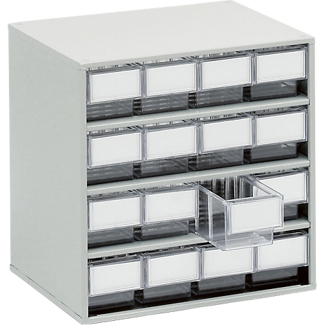 Grey drawer cabinet with 24 transparent drawers, one of which is open.