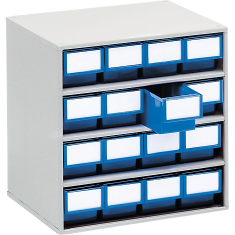 Gray drawer cabinet with blue drawers and white labels, one drawer is open.