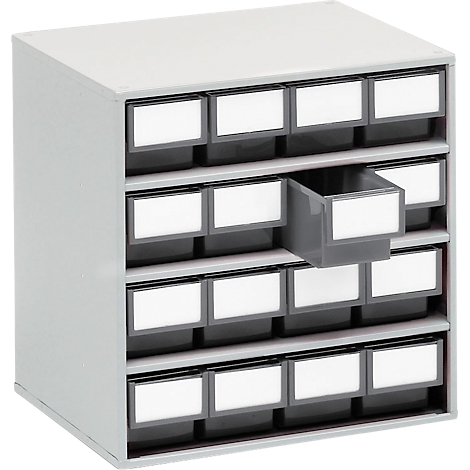 Gray drawer cabinet with many small compartments. One drawer is open.