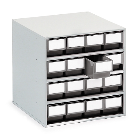 Gray drawer cabinet with 16 drawers. One drawer is open.