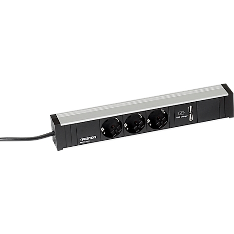 Zwart verlengsnoer met drie stopcontacten en twee USB-poorten. Zilveren strip, zwarte behuizing.