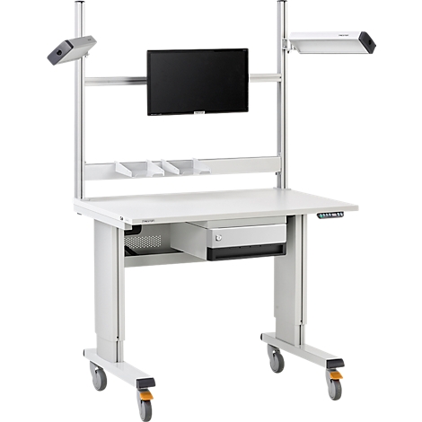 Mobiler, weißer medizinischer Arbeitsplatz mit Monitor, Schublade und Rollen.