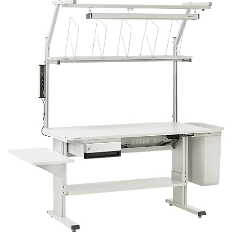 Ein weißer, höhenverstellbarer Werkbank mit Beleuchtung, Schublade und Abfallbehälter.