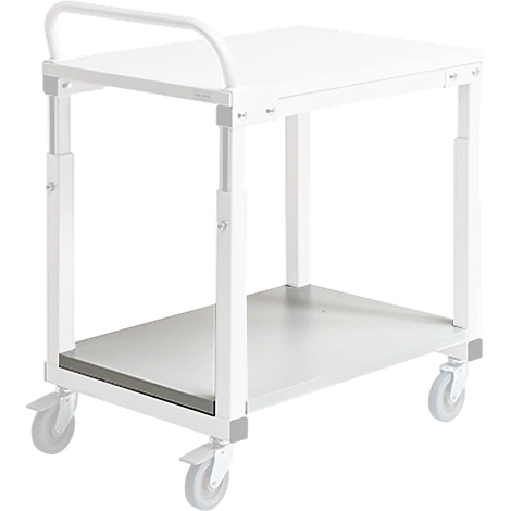 White serving cart with two shelves and wheels. A handle archs across the top. Grey surfaces and wheels.