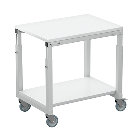 White serving trolley on castors, adjustable in height.