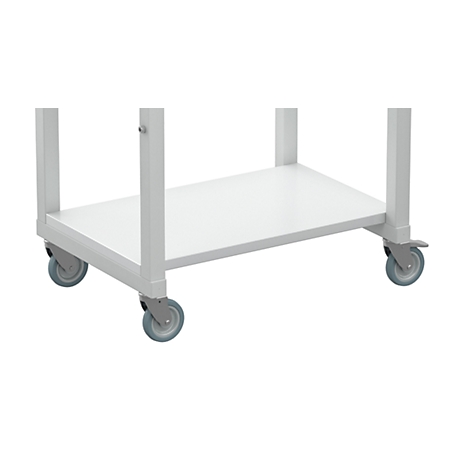 White serving cart with two shelves and wheels, detail view.