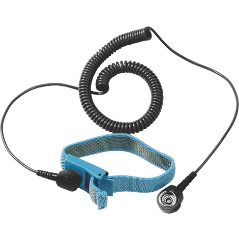 Un bracelet antistatique, bracelet bleu, câble spiralé noir.