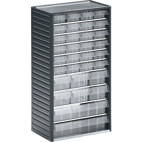 Grey tool cabinet with transparent drawers, vertical view.