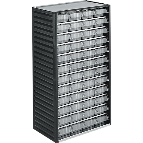 Black tool cabinet with transparent drawers. The drawers are arranged in rows.