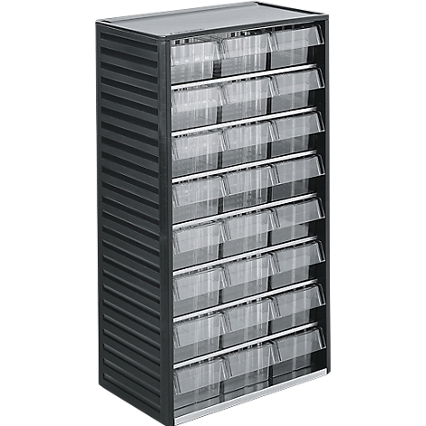 Black drawer cabinet with eight transparent drawers. The cabinet has ribbed sides and a dark surface.