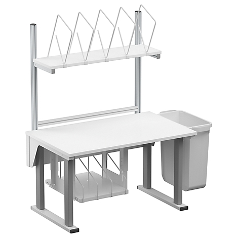 White desk with shelf, paper sorting rack and waste bin.