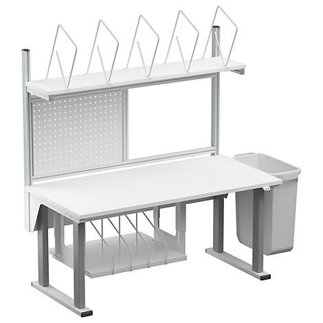 White, height-adjustable desk with shelves, paper sorter, and waste bin.