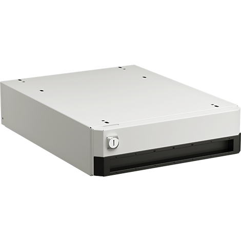 Lichtgrijze lade met zwarte bodem. Slot aan de voorkant, boorgaten aan de bovenkant.