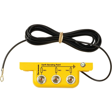 Yellow earth bonding module with black cable. Labeled: Earth Bonding Point, 1 MO. Ring eyelet and plug connections.