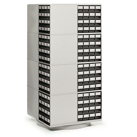 A rotating gray tool cabinet with multiple rows of drawers.