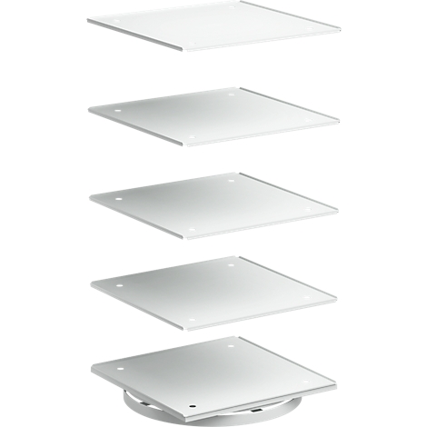 Five white, square trays, some with pre-drilled holes, the bottom one on a rotating base.