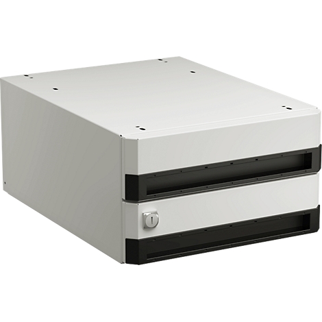 Hellgrauer Aktenschrank mit zwei Schubladen. Die Schubladen haben schwarze Griffleisten und ein Schloss.