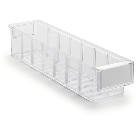 Clear plastic box with multiple compartments, ideal for storage.