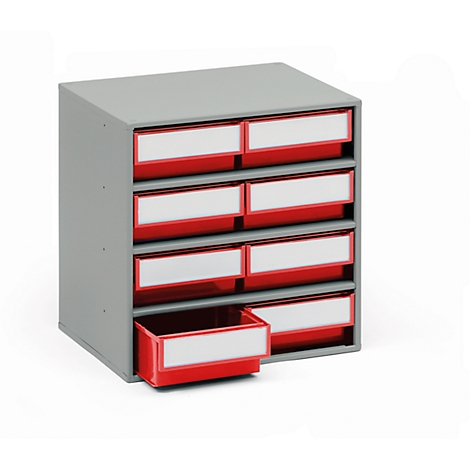 Gray cabinet with eight red drawers and white labeling fields. One drawer is open.