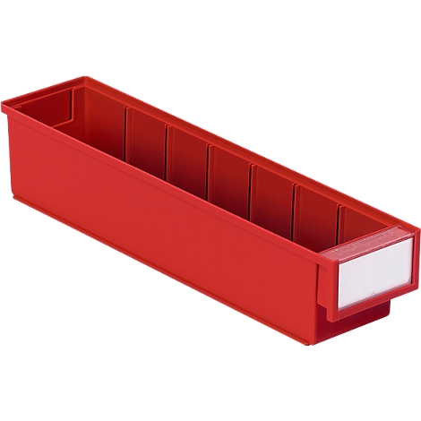 Red plastic sorting box with compartments, a white label field at the front.