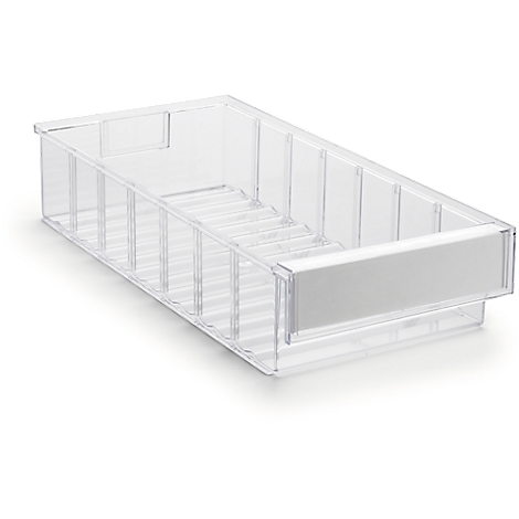 Transparent, rectangular plastic box with handles and a label field.