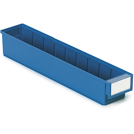 Blue, rectangular storage box with dividers. A white label at the front.