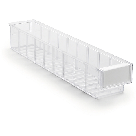 Transparent rectangular box with vertical dividers and a white label. Perspective view, on a white background.