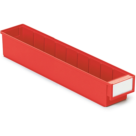 Red plastic storage bin. The long rectangular bin has multiple compartments and a white label.
