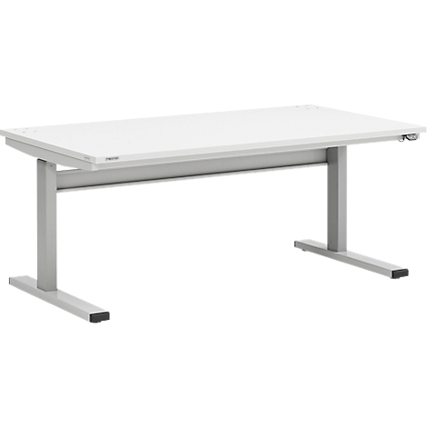 Un bureau blanc réglable en hauteur. Cadre gris. La table a une forme rectangulaire.