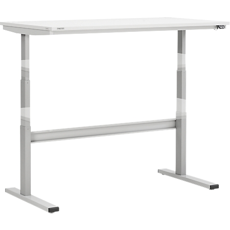 Un bureau blanc réglable en hauteur avec un cadre clair.
